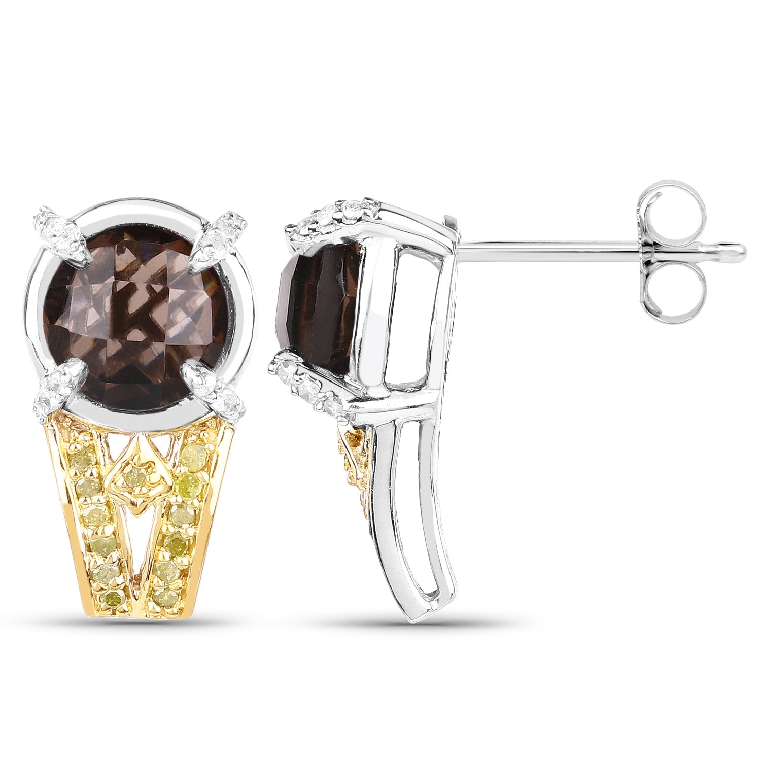 3.75 Carat Genuine Smoky Quartz, Yellow Diamond and White Diamond .925 Sterling Silver Earrings - Earrings - e1946smydwd - view1 - image - Omni Jewelcrafters