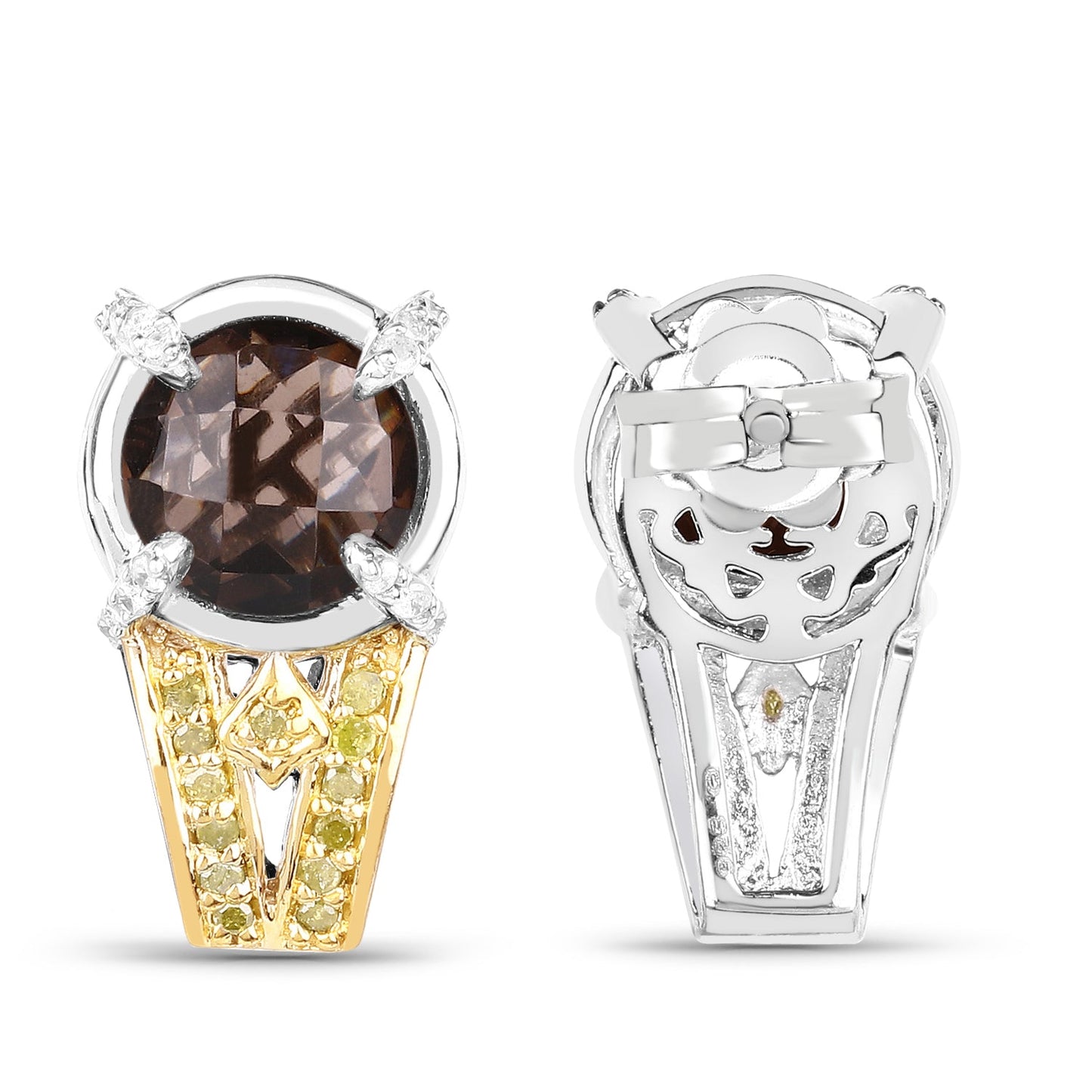 3.75 Carat Genuine Smoky Quartz, Yellow Diamond and White Diamond .925 Sterling Silver Earrings - Earrings - e1946smydwd - view2 - image - Omni Jewelcrafters
