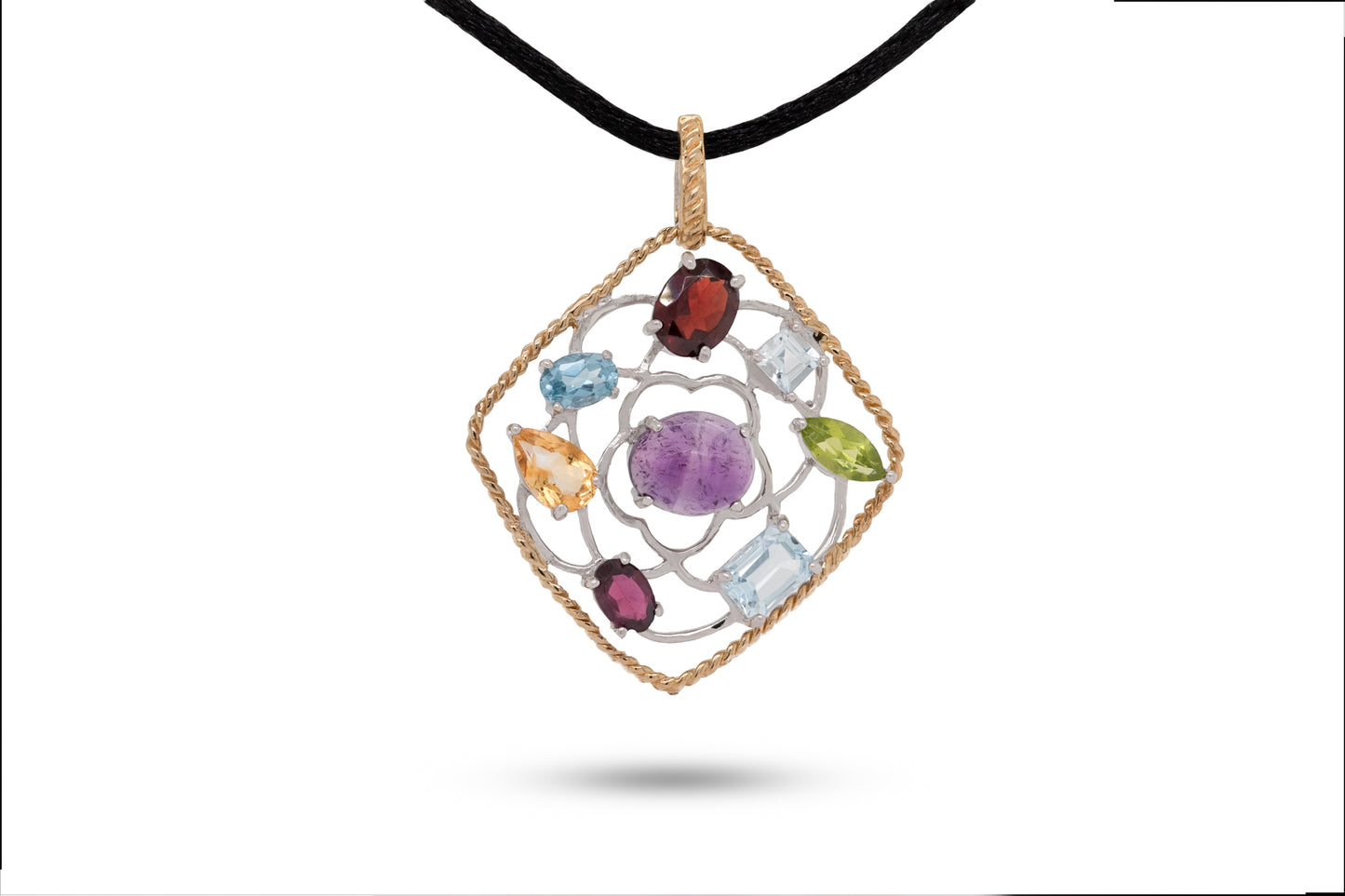 Multi-Stone Sterling Silver Pendant in Silk Cord
