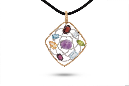 Multi-Stone Sterling Silver Pendant in Silk Cord