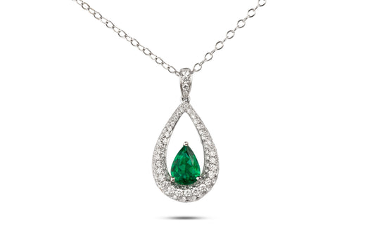 Pear Shape Emerald with Diamond Open Pear Halo in 18K White Gold