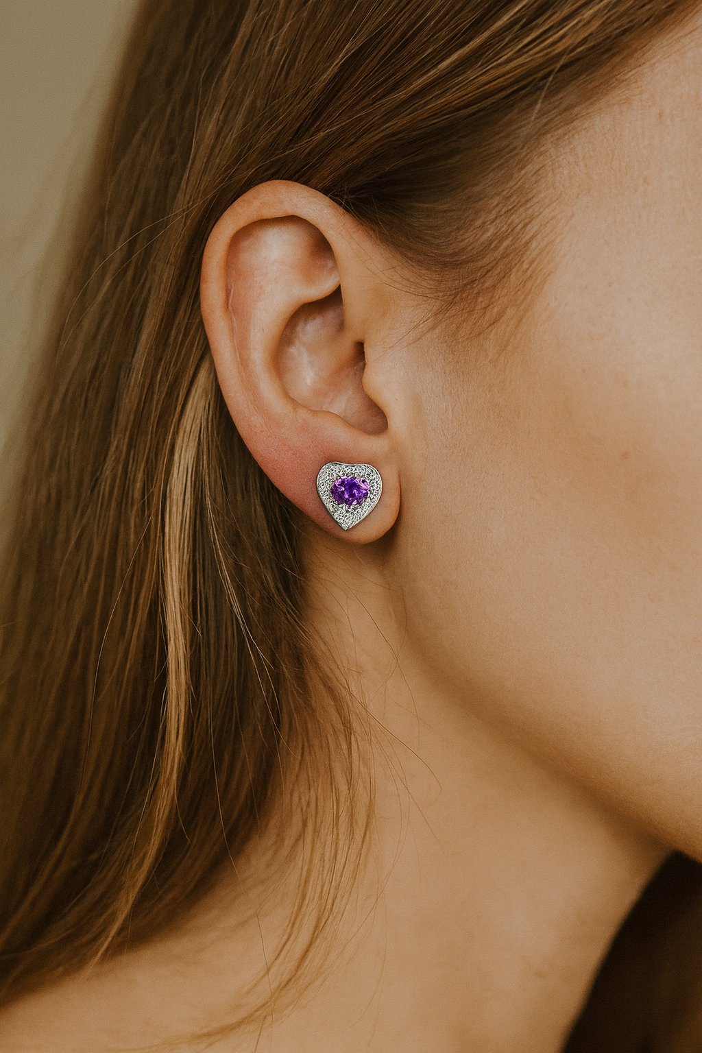 Sterling Silver Heart-Shaped Amethyst Earring