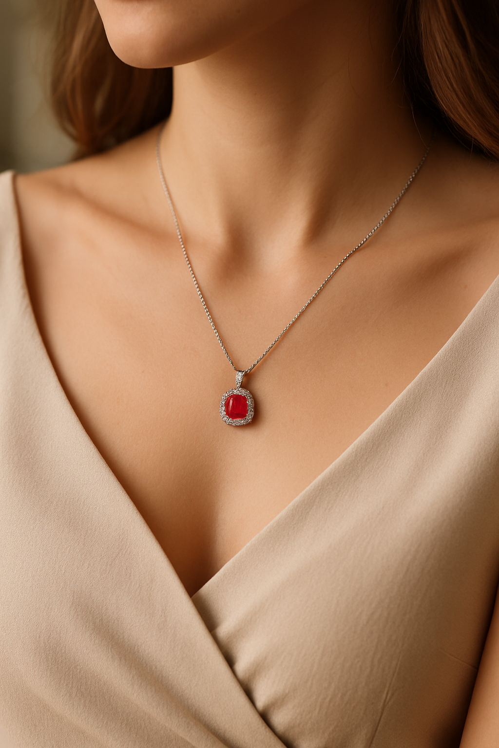 18K White Gold Ruby Pendant with Diamond Halo