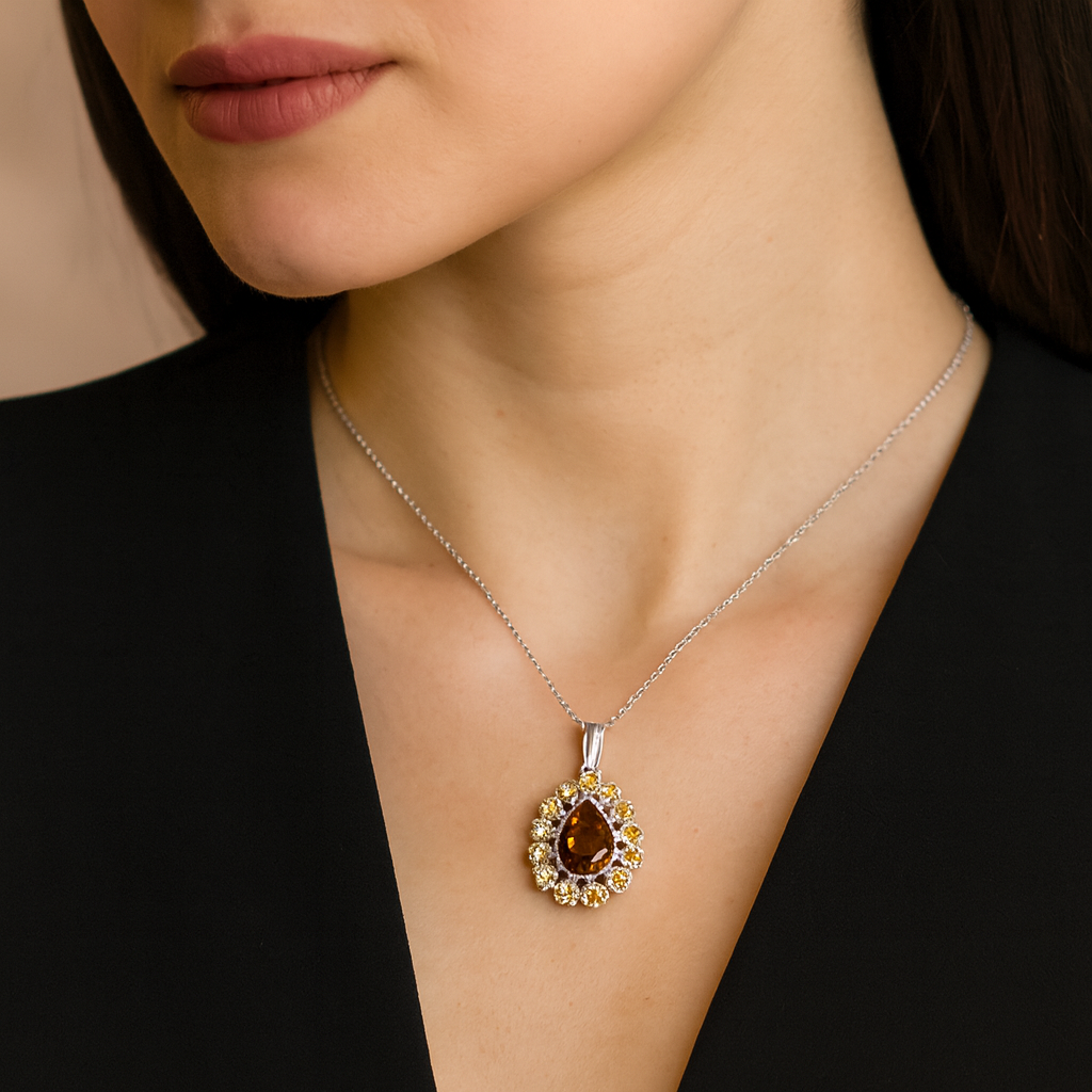7.63 Carat Genuine Champagne Quartz and Citrine .925 Sterling Silver Pendant