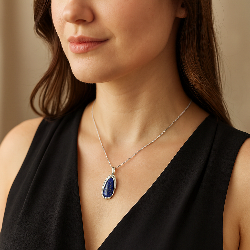 7.58 Carat Genuine Lapis And White Topaz .925 Sterling Silver Pendant