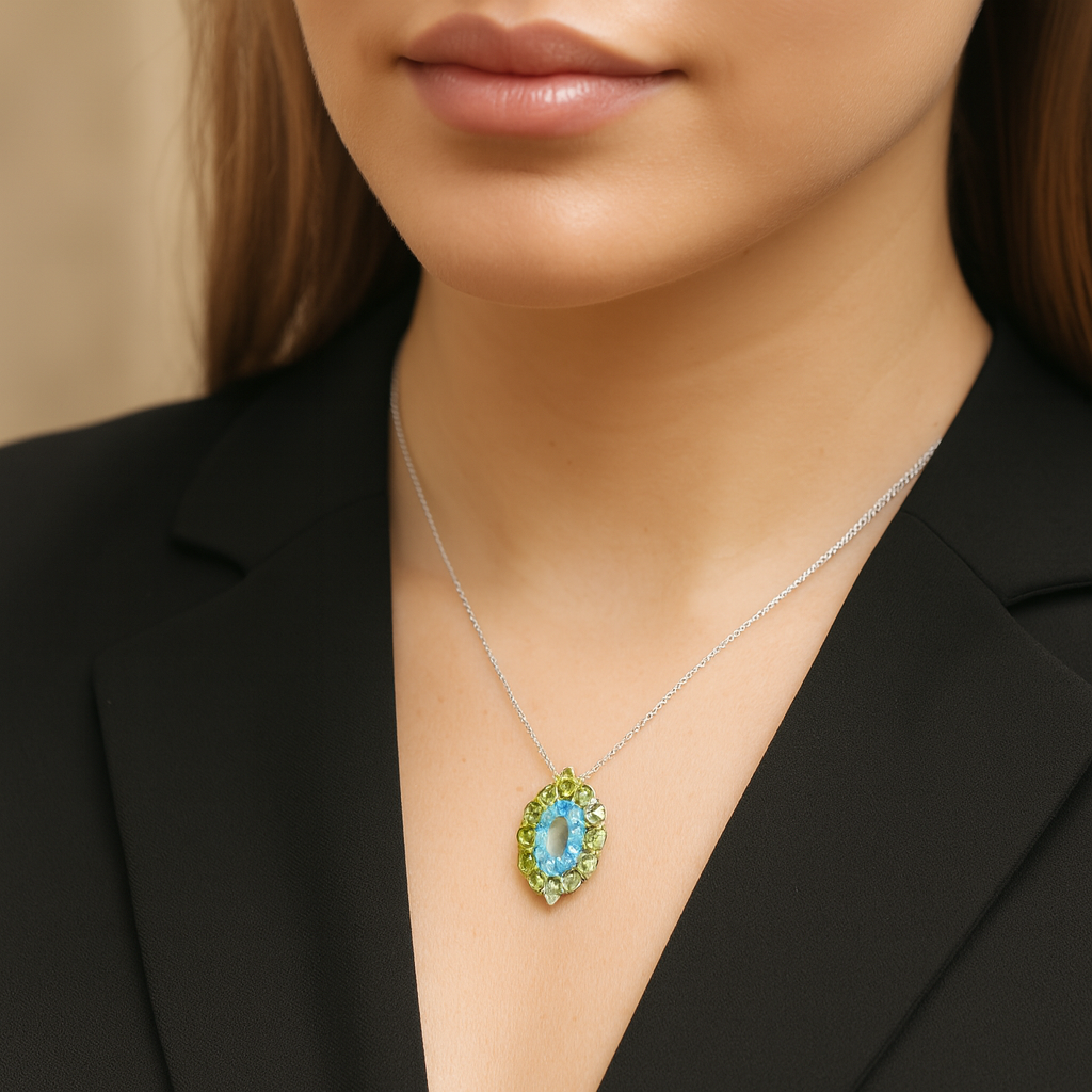 9.78 Carat Genuine Blue Topaz and Peridot .925 Sterling Silver Pendant