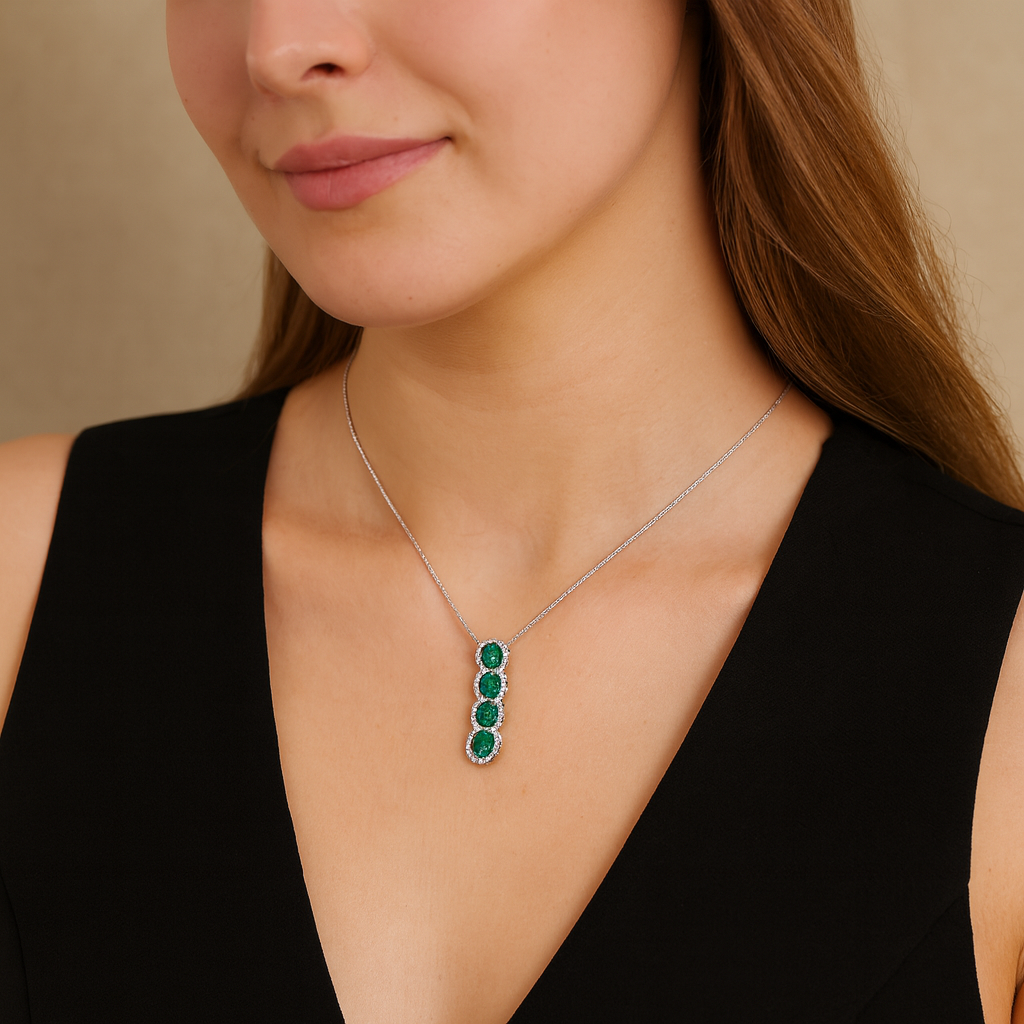 Elongated Vertical Oval Shaped Pendant With Emeralds