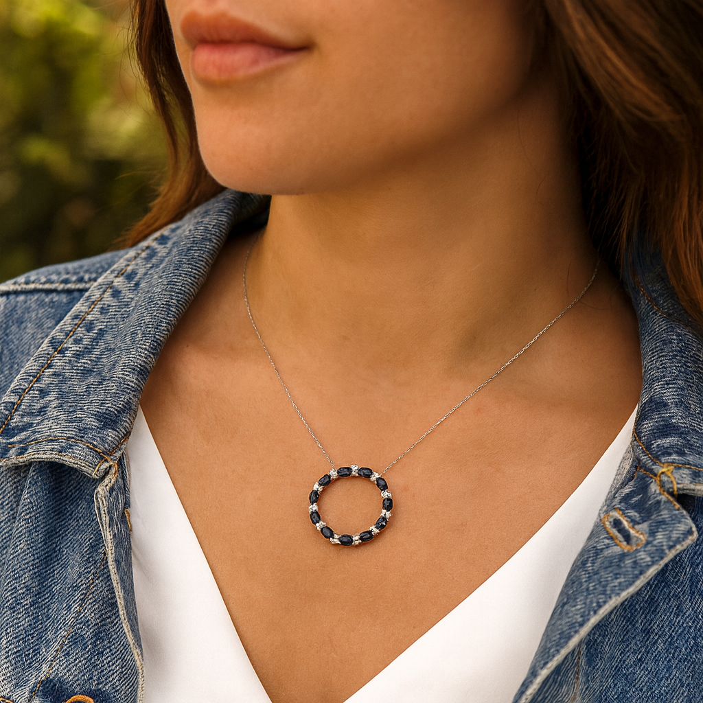 Natural Blue Sapphire & Natural Diamonds Pendant Necklace in 14K White Gold