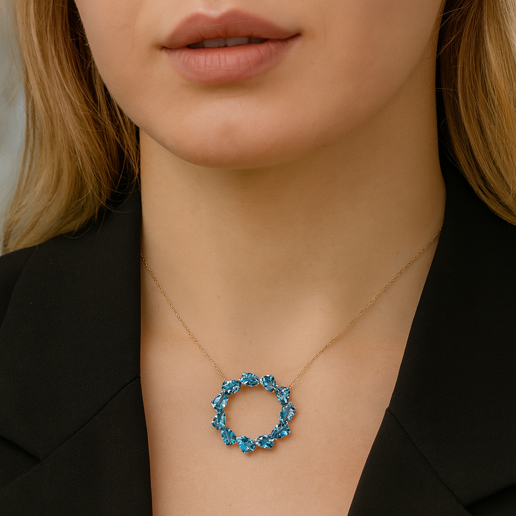 Natural Blue Topaz and Lab Grown Diamonds Pendant in 14K White Gold Necklace