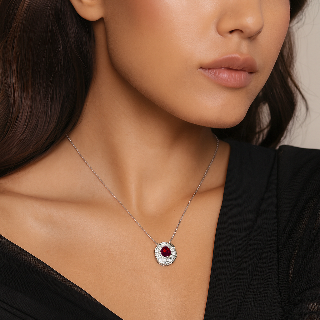 Natural Ruby & Natural Diamonds Halo Pendant in 18K White Gold