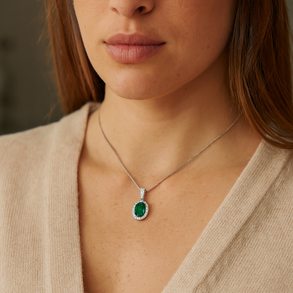 Oval Green Amethyst and Cubic Zirconia Halo in Sterling Silver Pendant (Chain Not Included)