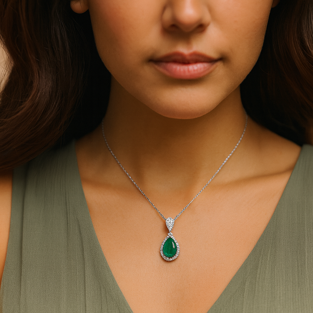 Pear Shape Emerald and Diamond Drop With Halo Pendant in 14kt White Gold