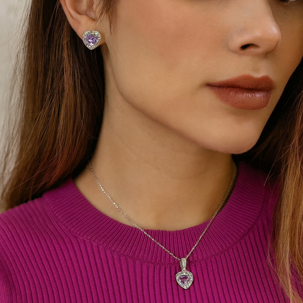 Sterling Silver Heart-Shaped Amethyst Pendant (Chain Not Included)