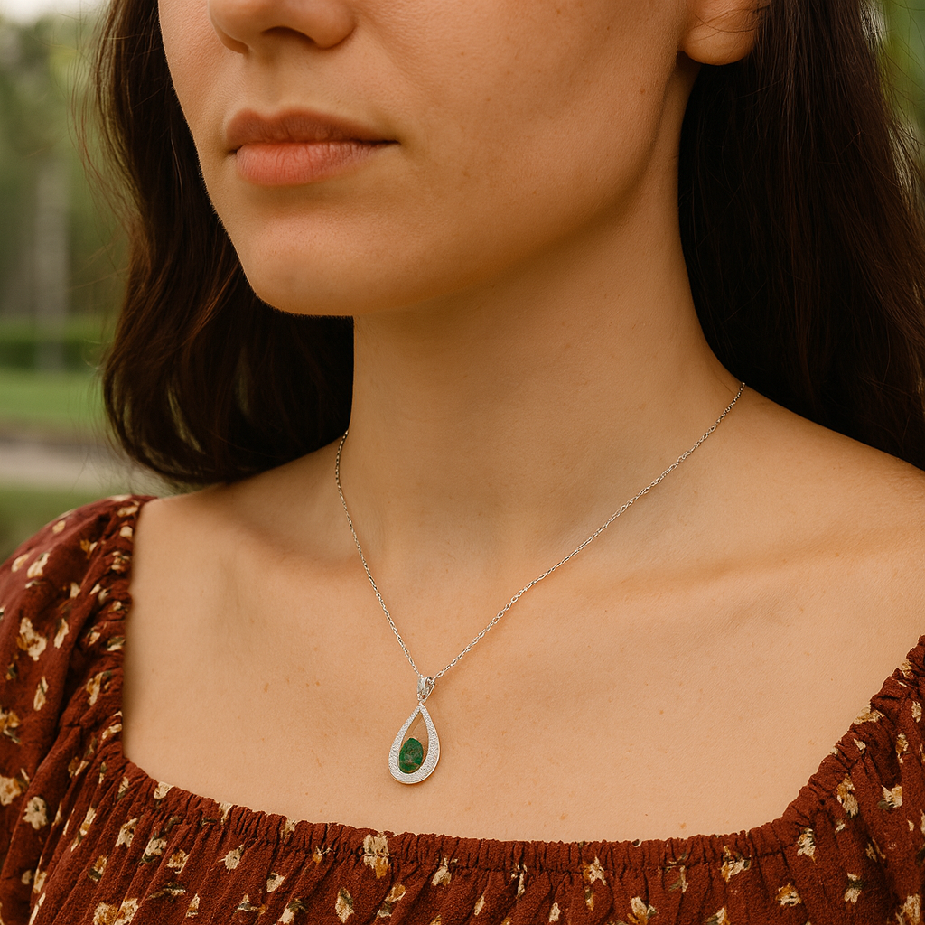Pear Shape Emerald with Diamond Open Pear Halo in 18K White Gold