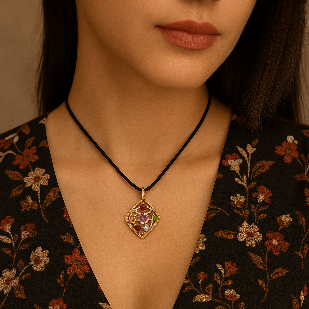 Multi-Stone Sterling Silver Pendant in Silk Cord
