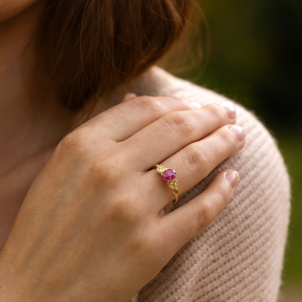 0.36 Carat Genuine Ruby and White Diamond 14K Yellow Gold Ring