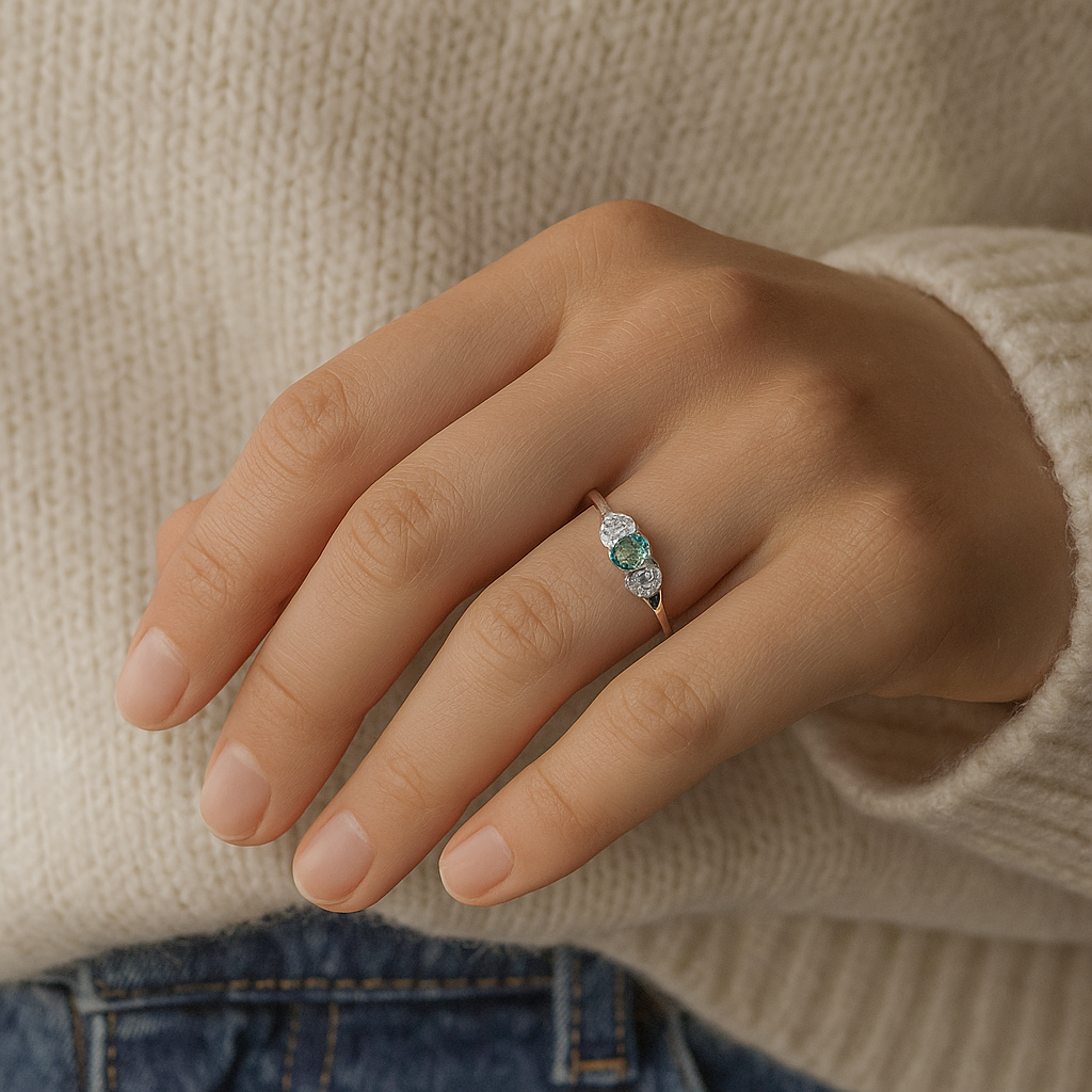 0.36 Carat Genuine Zambian Emerald and White Diamond 14K White Gold Ring