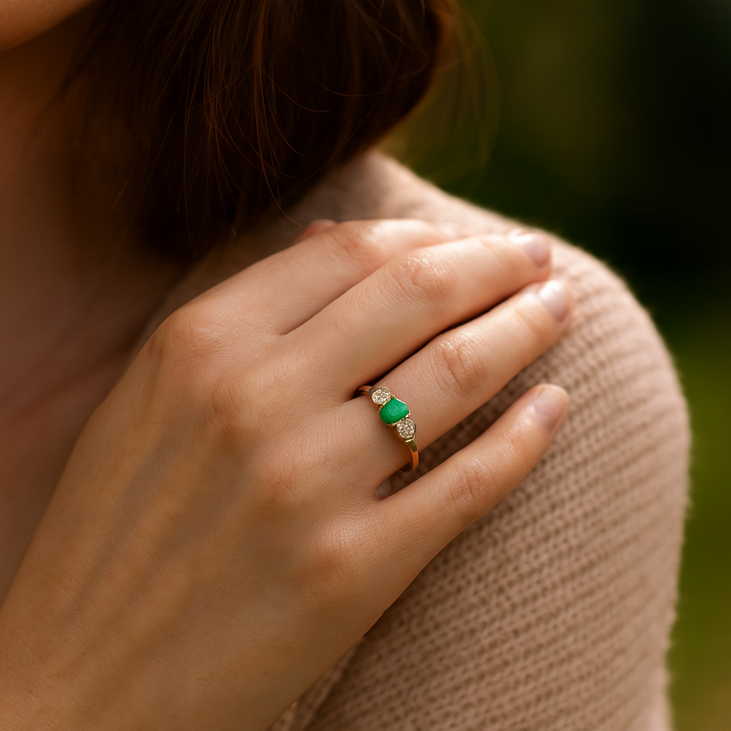 0.36 Carat Genuine Zambian Emerald and White Diamond 14K Yellow Gold Ring