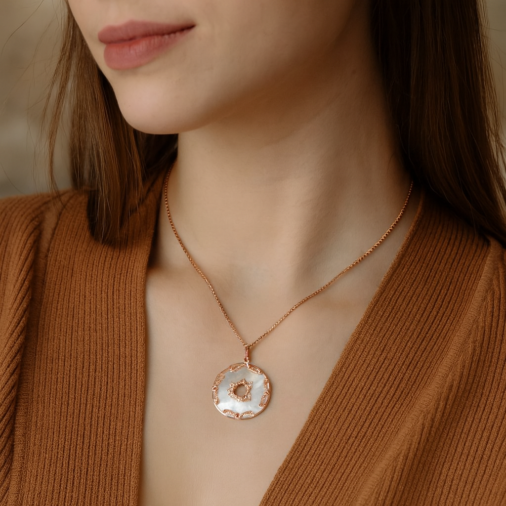 14K Rose Gold Pearl Necklace With Mother Of Pearl Diamond 0.25ct