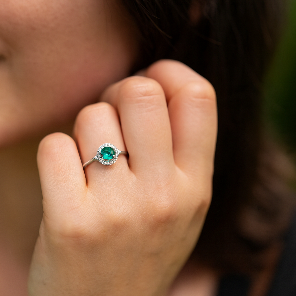 0.46 Carat Genuine Zambian Emerald and White Diamond 14K White Gold Ring