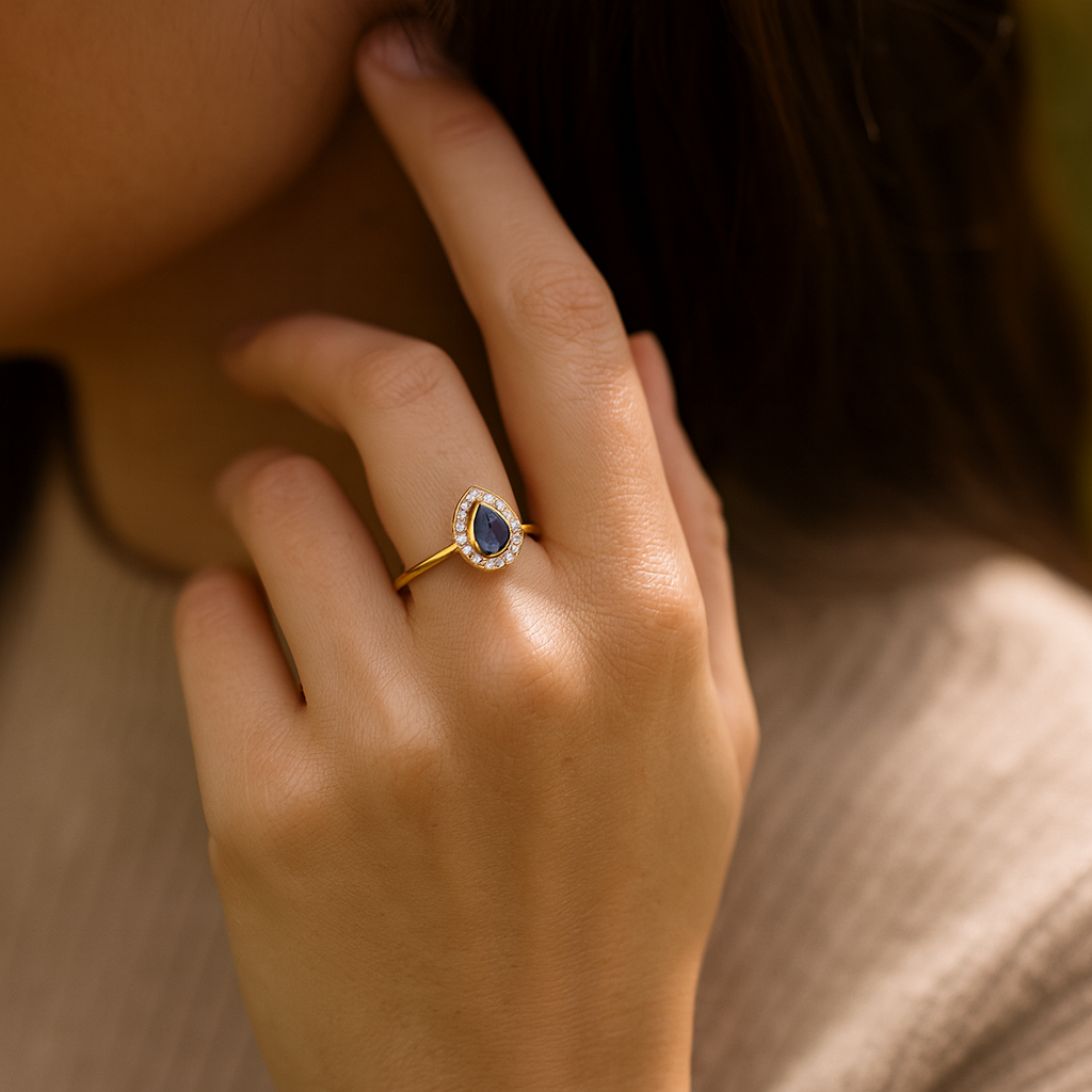 0.48 Carat Genuine Blue Sapphire and White Diamond 14K Yellow Gold Ring