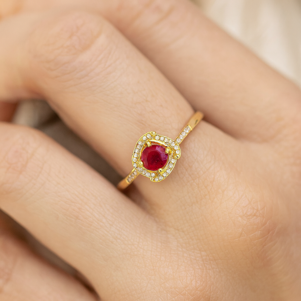 0.63 Carat Genuine Ruby and White Diamond 14K Yellow Gold Ring