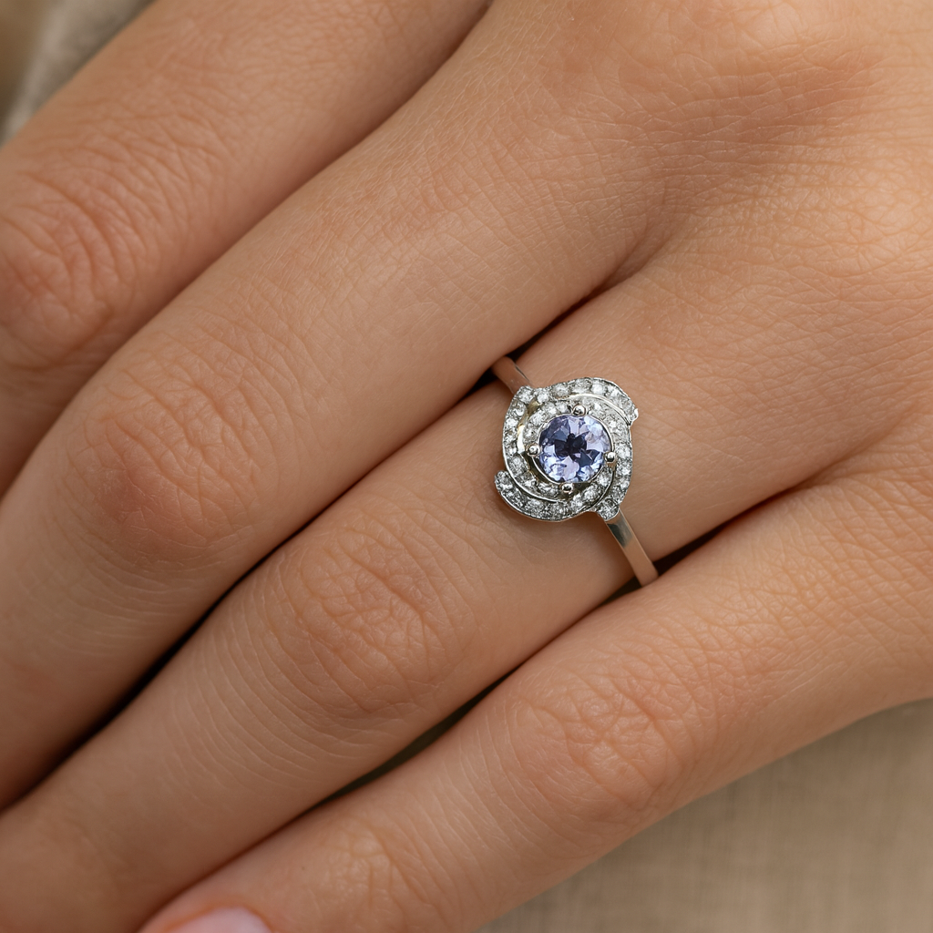 0.55 Carat Genuine Tanzanite and White Diamond 14K White Gold Ring