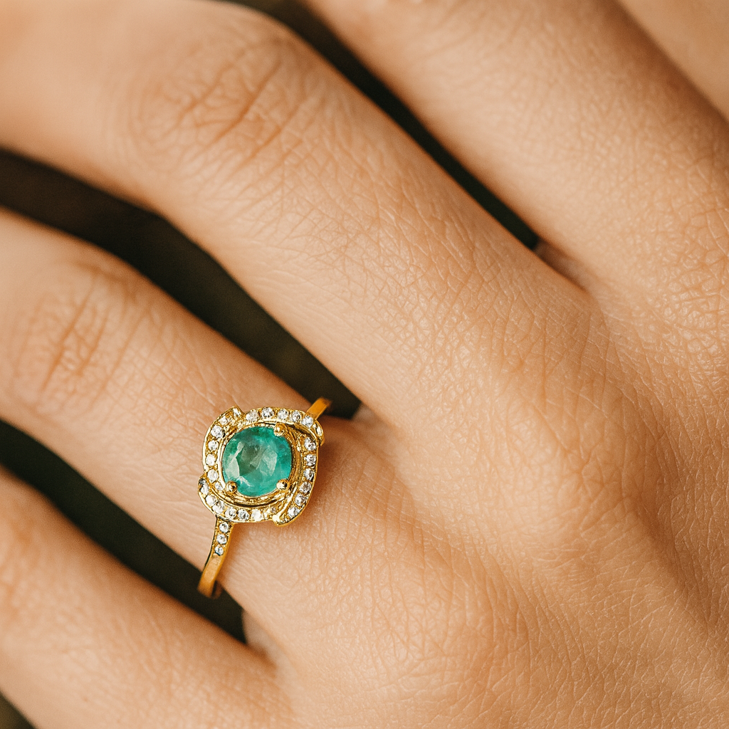 0.50 Carat Genuine Zambian Emerald and White Diamond 14K Yellow Gold Ring