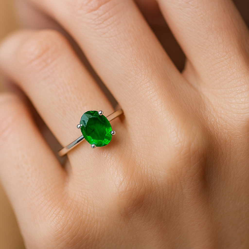 0.91 Carat Oval Natural Green Emerald 0.04ct Diamond Solitaire Engagement Ring