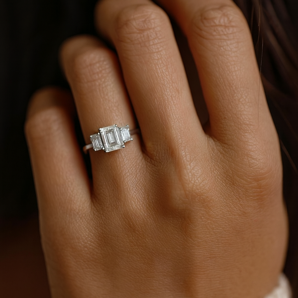 1.48 CTW VS1 G Emerald Cut Diamond Three Stone Diamond Engagement Ring