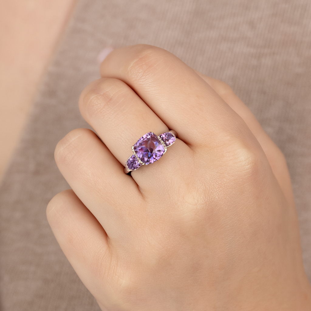 Bague en argent sterling 925 avec améthyste rose véritable et topaze blanche de 5,85 carats