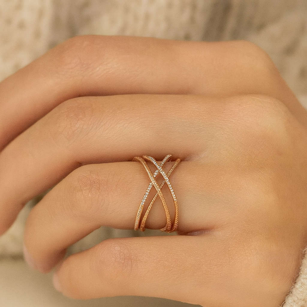 Bague de fiançailles croisée en or rose 14 carats avec diamants