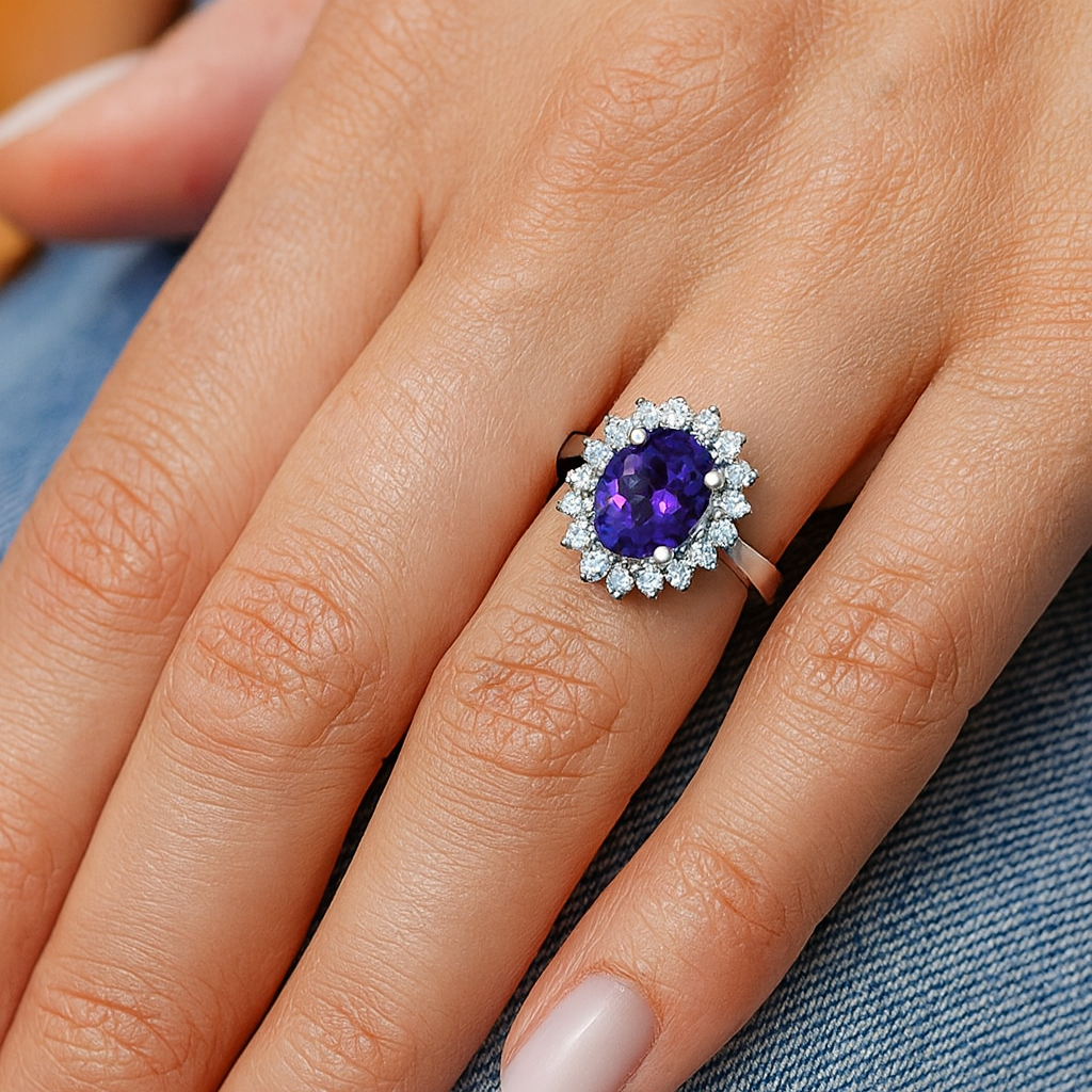 Bague Lady Diana ovale en tanzanite et diamants en or blanc 14 carats 0,86 ct