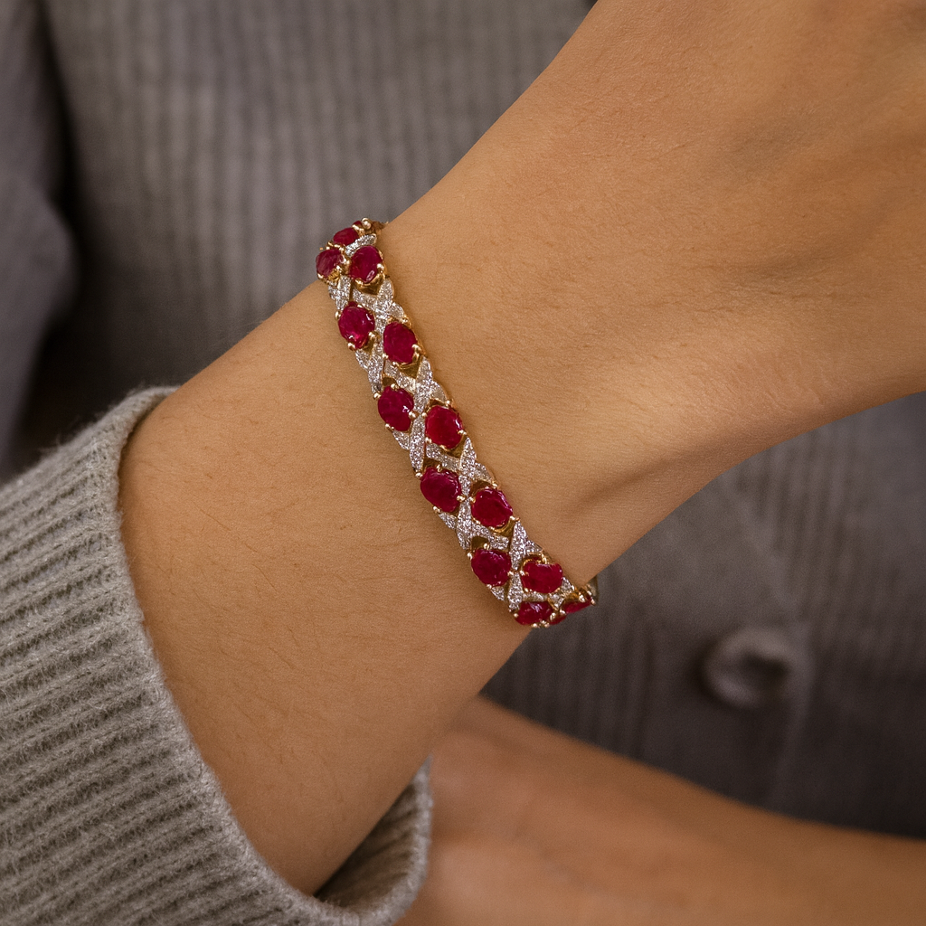 14K Yellow Gold Plated 18.32 Carat Genuine Ruby .925 Sterling Silver Bracelet