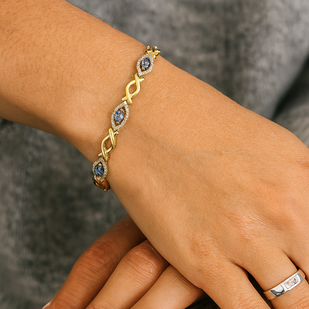 14K Yellow Gold Plated 3.08 Carat Genuine Tanzanite .925 Sterling Silver Bracelet