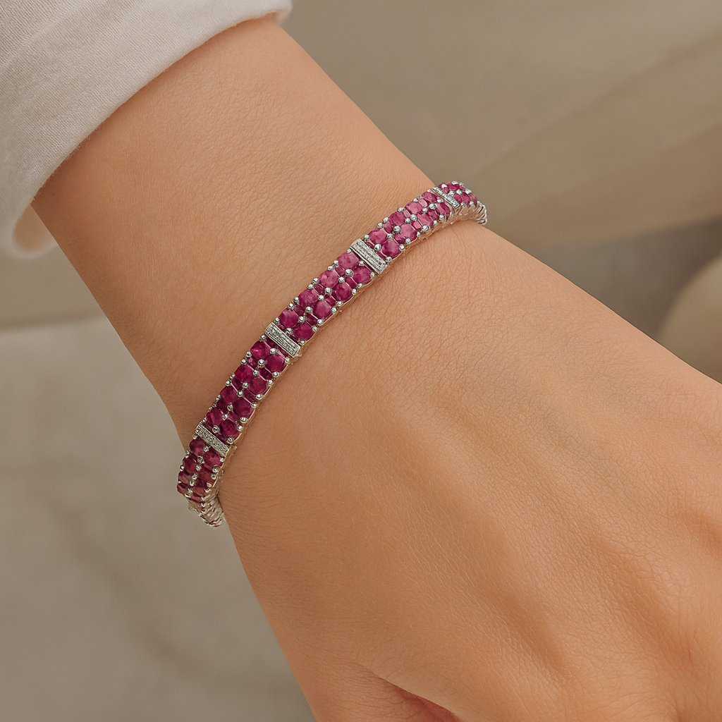 17.65 Carat Glass Filled Ruby and White Topaz .925 Sterling Silver Bracelet