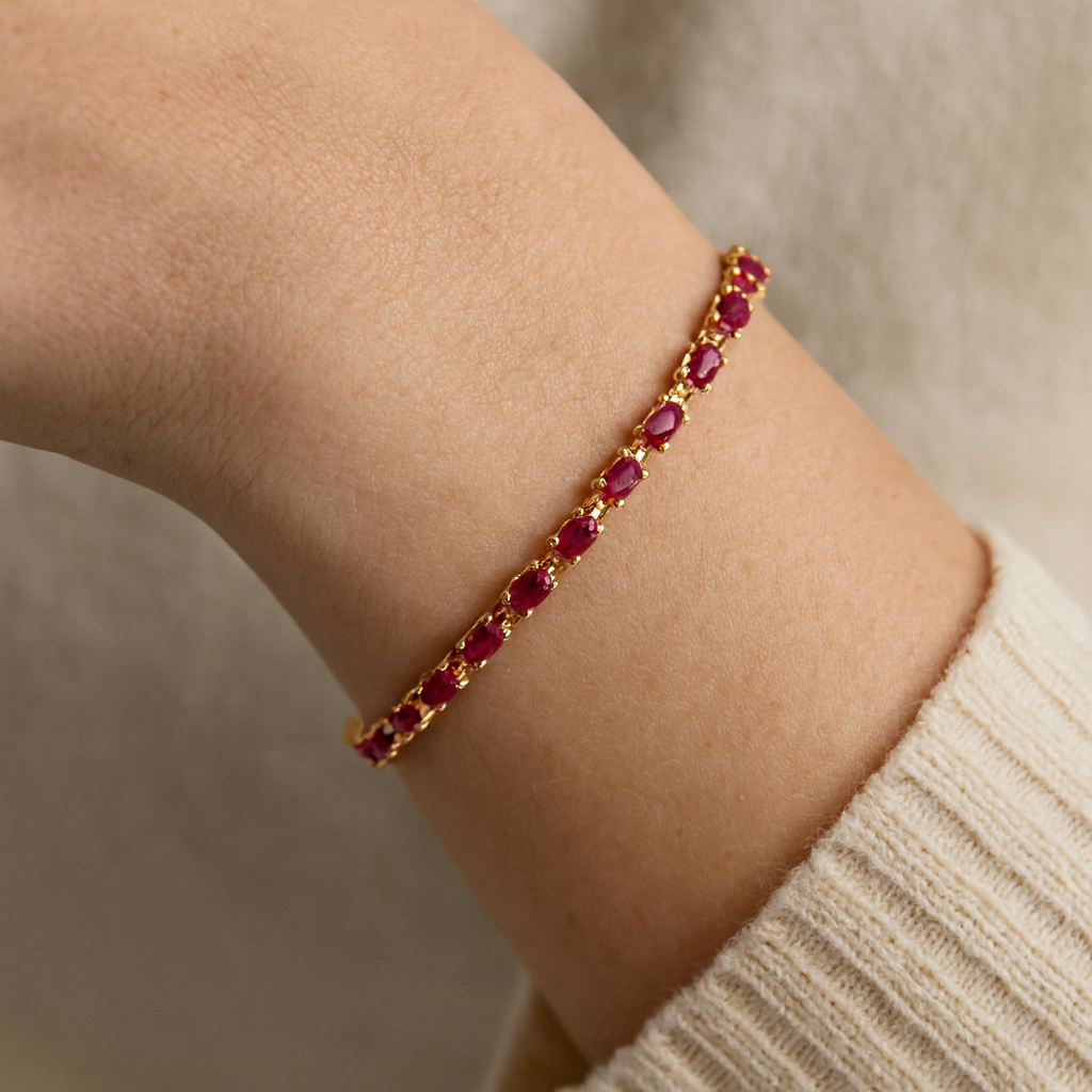 14K Yellow Gold Plated 7.00 Carat Glass Filled Ruby .925 Sterling Silver Bracelet