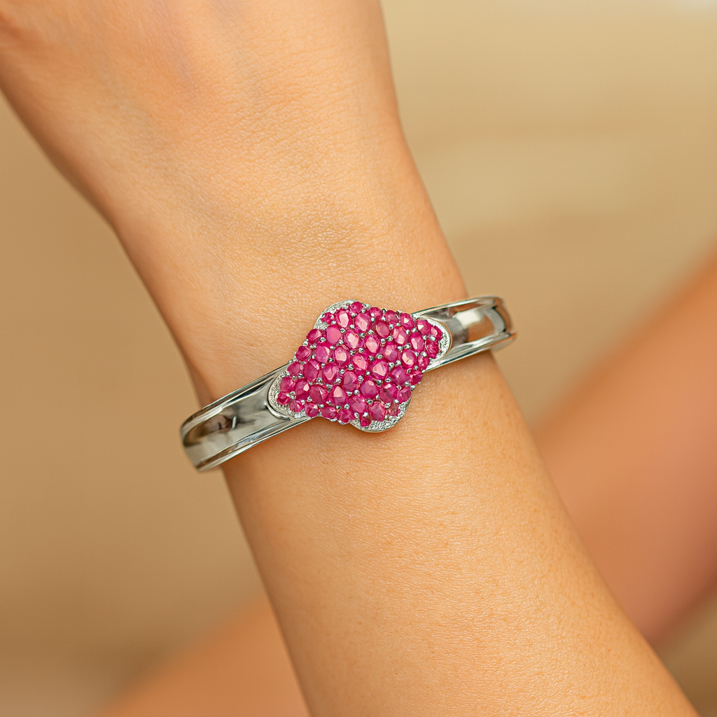 7.38 Carat Glass Filled Ruby, Ruby and White Topaz .925 Sterling Silver Bangle