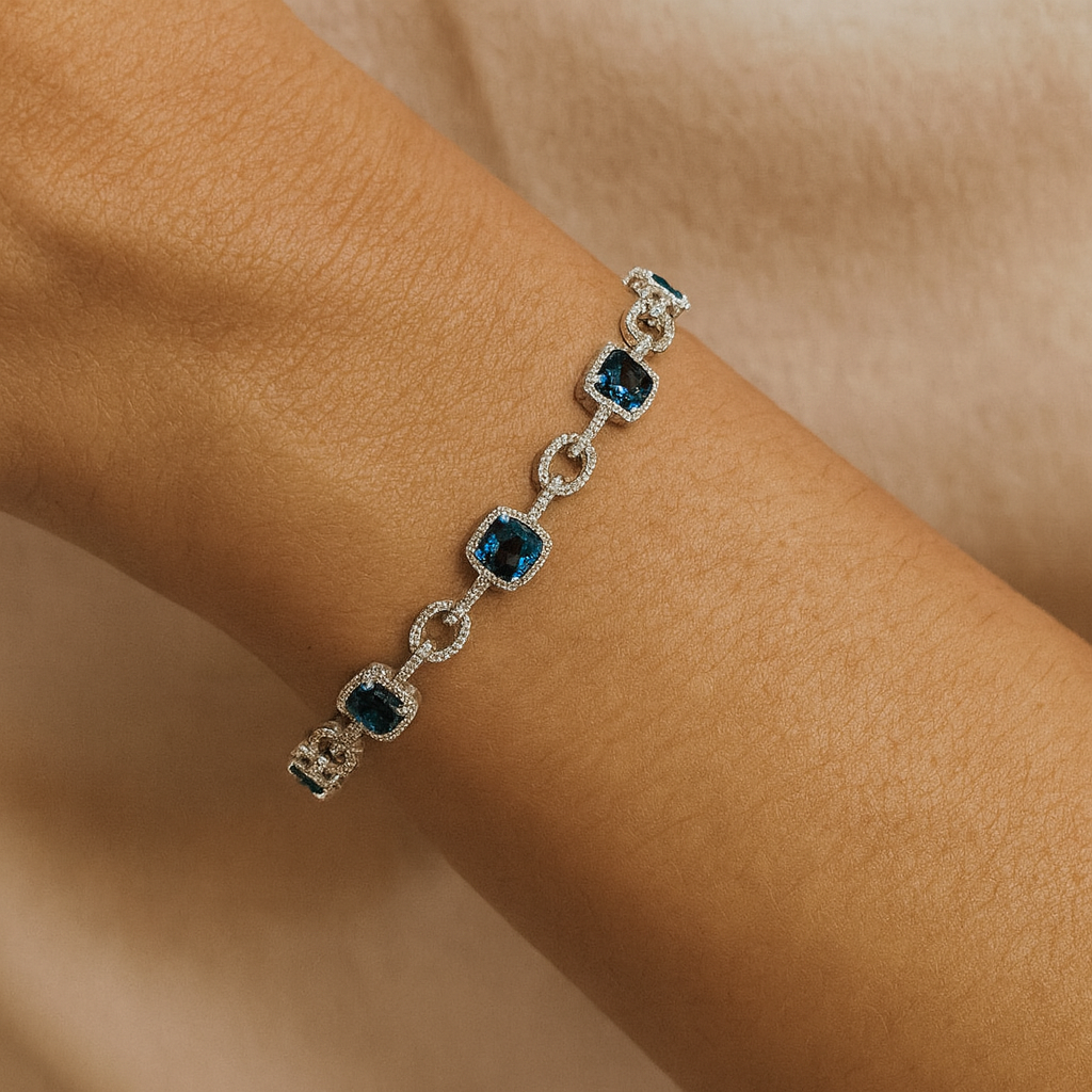 Blue Topaz & Natural Diamonds Bracelet in 14K White Gold Bracelet