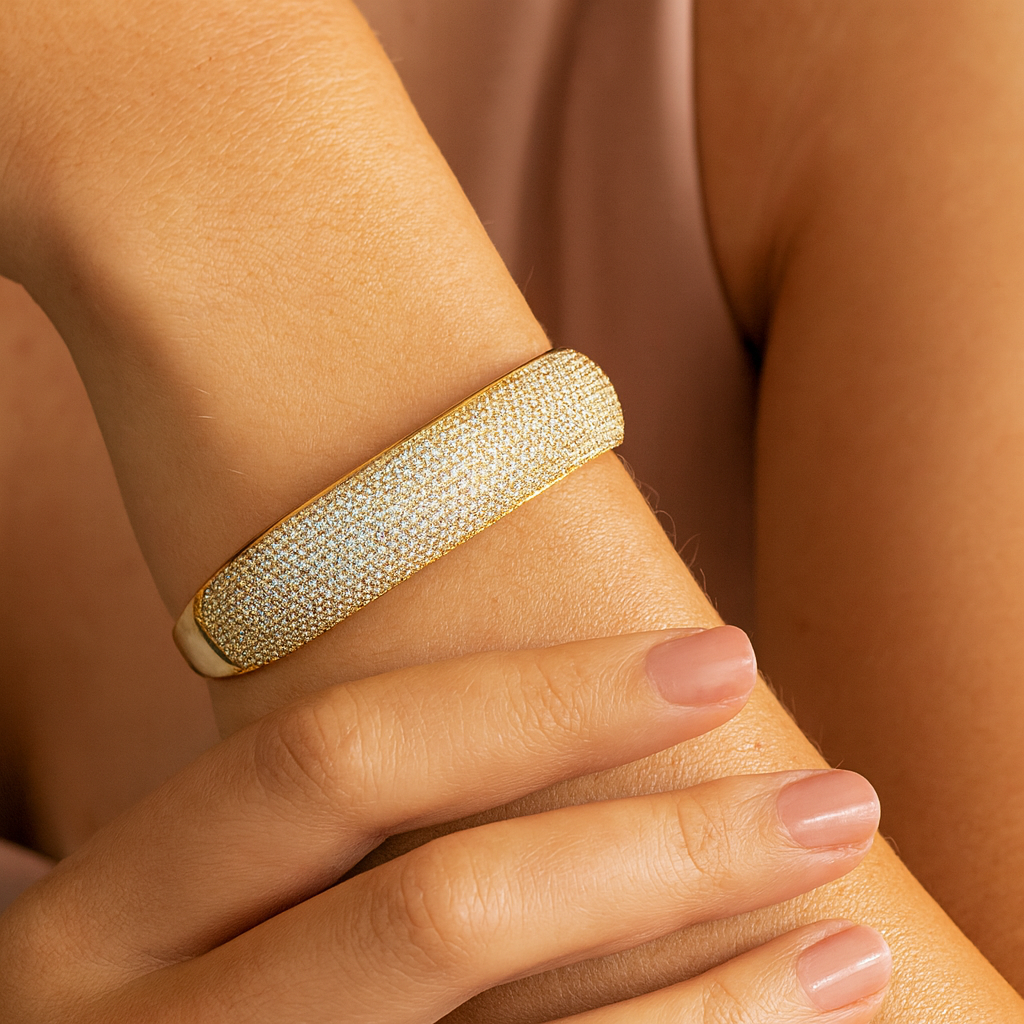 Designer Yellow Gold-Plated Bangle with Cubic Zirconia