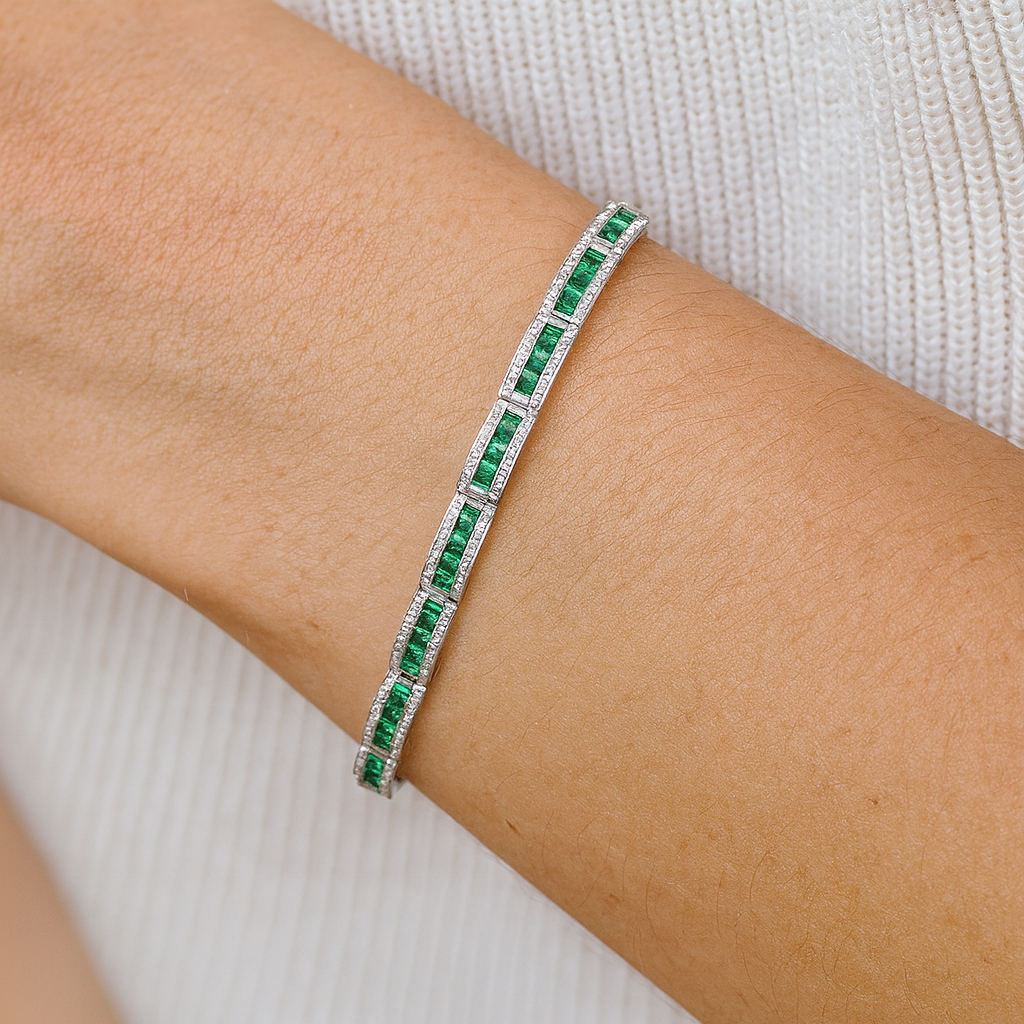 Emerald and Natural Diamond Tennis Bracelet in 18k Solid White Gold