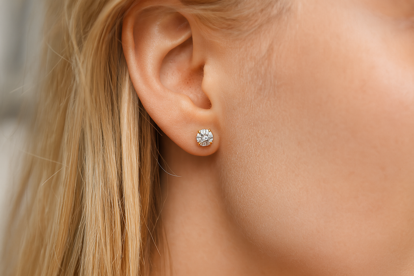Lab-Grown Diamond Solitaire Studs with Hidden Halo in 18K Yellow Gold