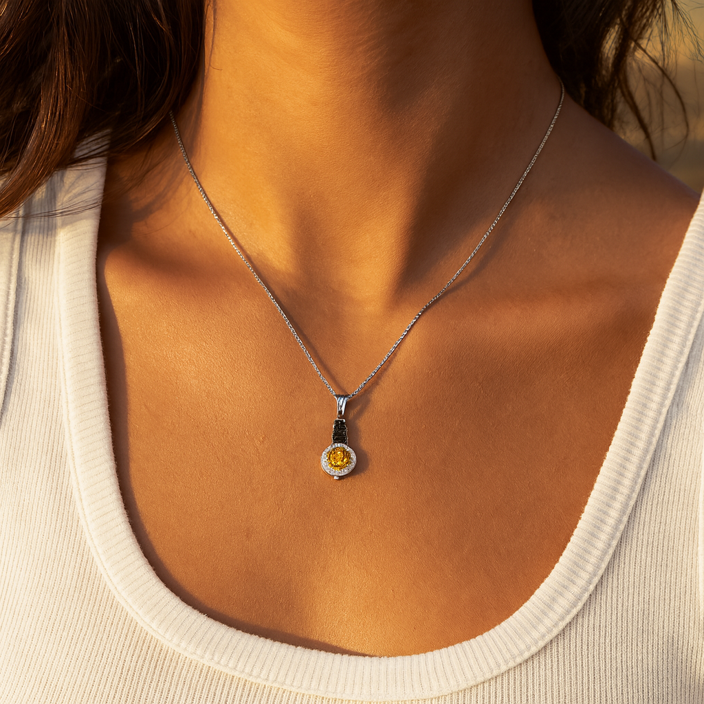 1.00 Carat Genuine Citrine, Champagne Diamond & White Diamond .925 Sterling Silver Pendant