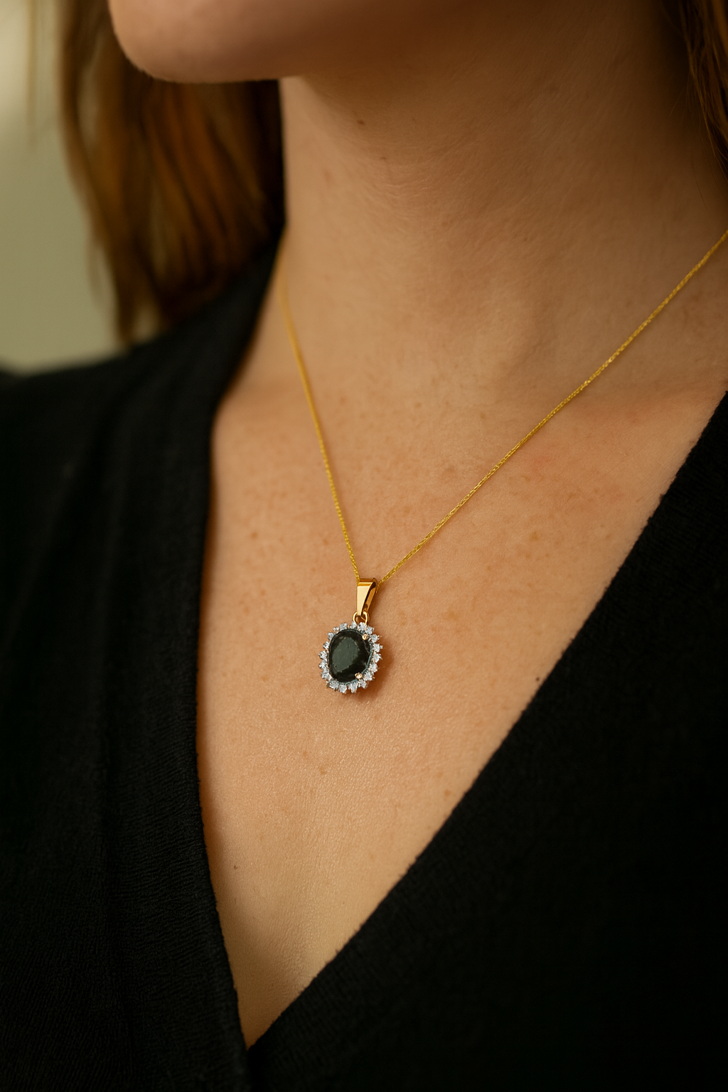 Pendentif en or jaune 14 carats avec tourmaline verte véritable et diamant blanc de 1,39 carat