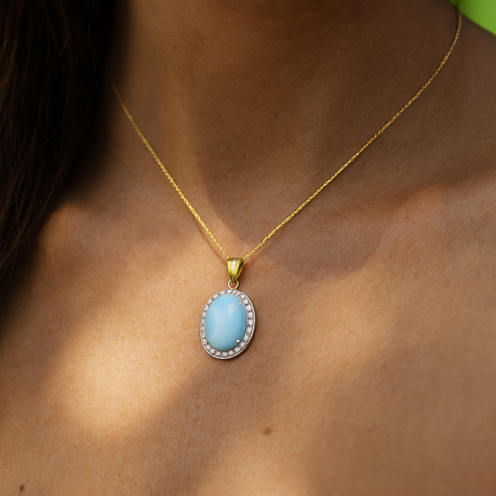 14K Yellow Gold Plated 13.55 Carat Genuine Larimar and White Topaz .925 Sterling Silver Pendant