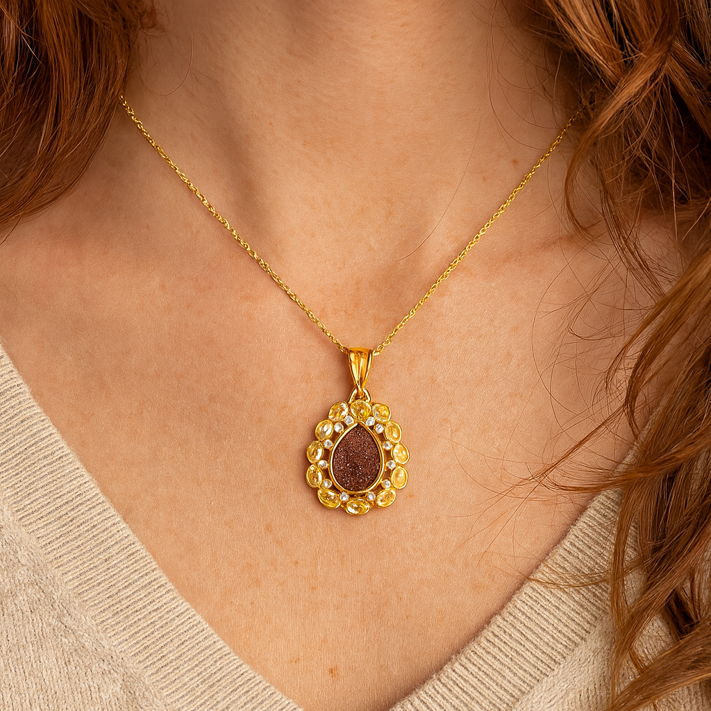 14K Yellow Gold Plated 5.14 Carat Genuine Red Droozi and Citrine .925 Sterling Silver Pendant