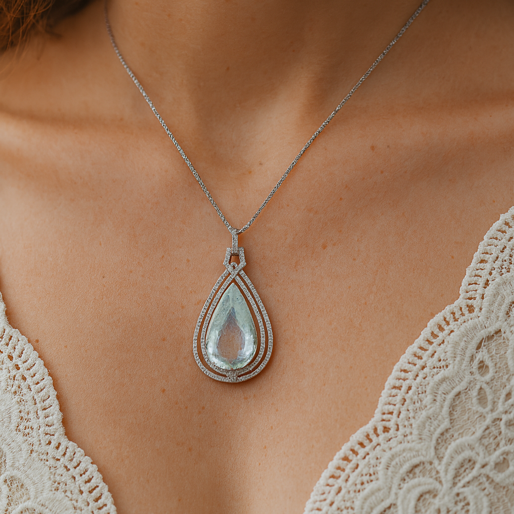 18K White Gold Pendant With Aquamarine and Diamonds