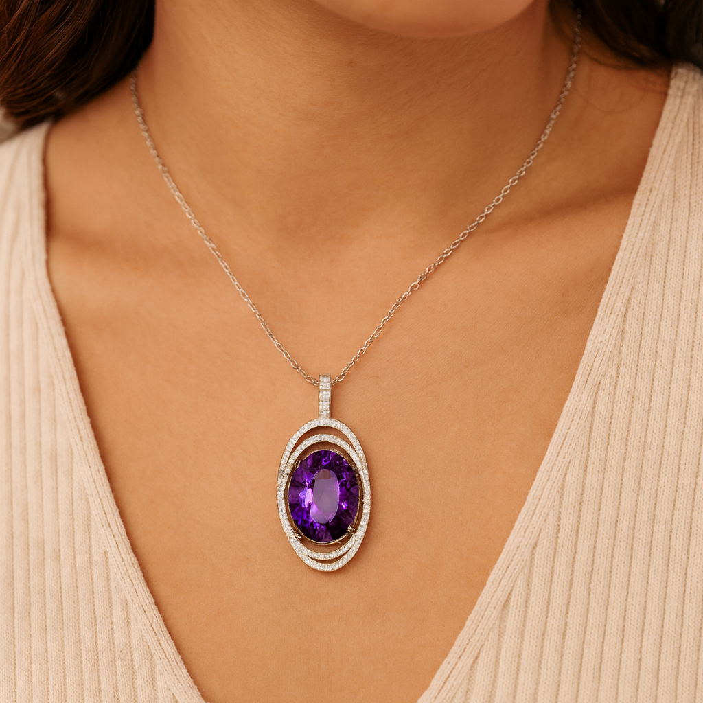 18K White Gold Pendant With Amethyst And Diamonds