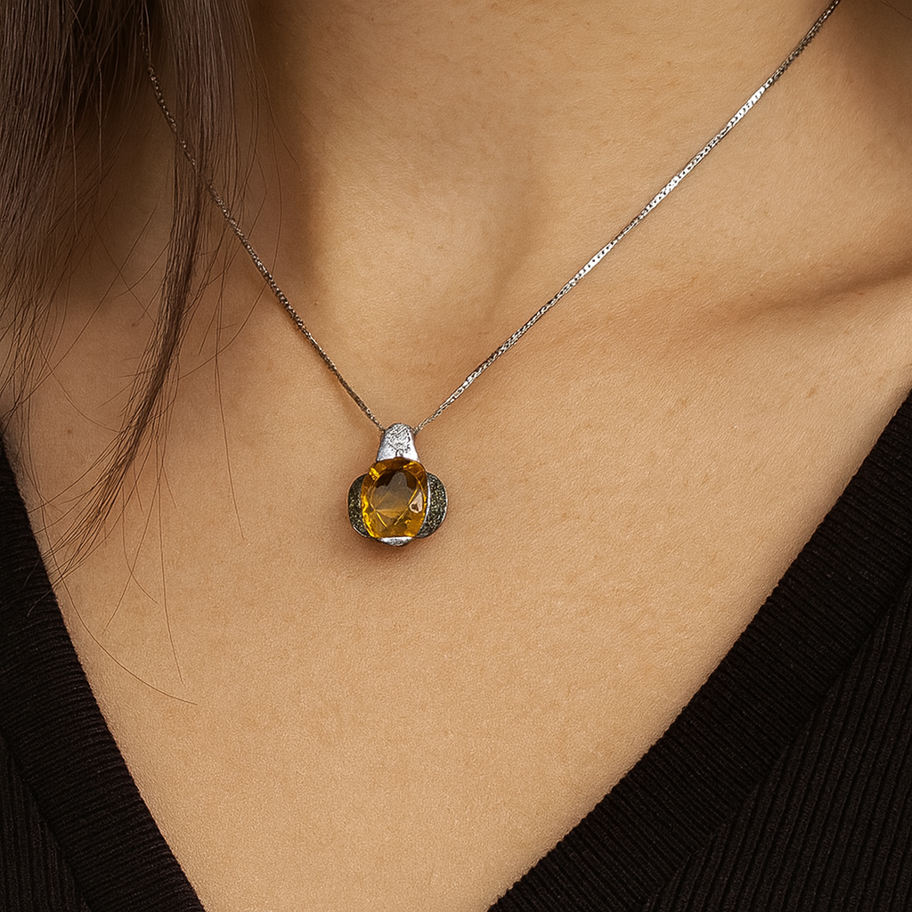 2.91 Carat Genuine Citrine, Champagne Diamond & White Diamond .925 Sterling Silver Pendant