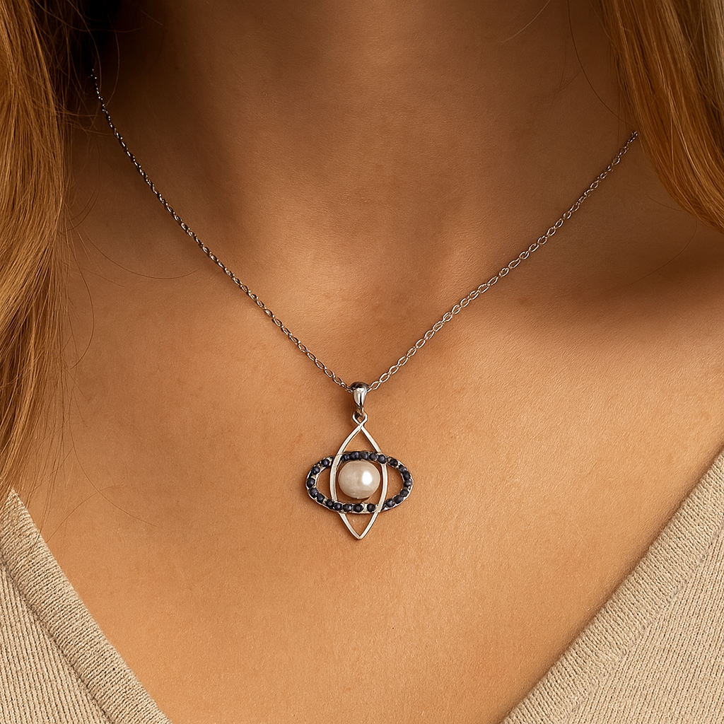 2.79 Carat Genuine Blue Sapphire and Pearl .925 Sterling Silver Pendant